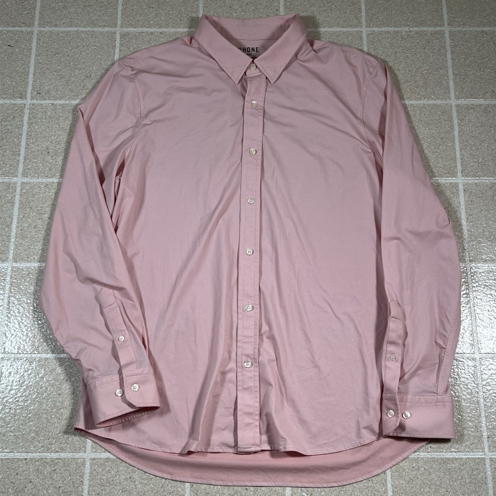 Rhone Commuter Dress Shirt Sz XL Pink Micro Check Performance Stretch Button Up